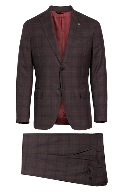 Shop Eidos Delaine Trim Fit Plaid Wool Suit In Burgundy