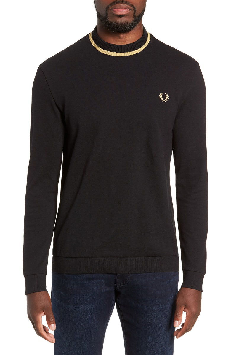Fred Perry Long Sleeve Pique T-shirt In Black / Champagne | ModeSens