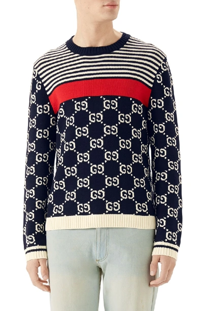 Shop Gucci Stripe & Double-g Crewneck Sweater In Milk