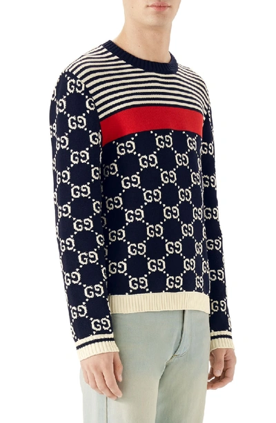 Shop Gucci Stripe & Double-g Crewneck Sweater In Milk