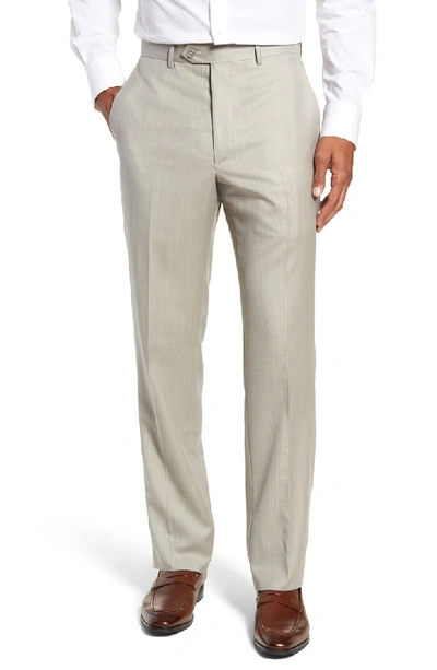 Shop Santorelli Flat Front Sharkskin Wool Trousers In Sand