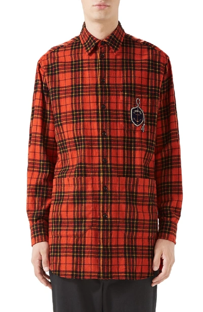 Shop Gucci Plaid Flannel Long Sport Shirt In Orange Black And Yellow