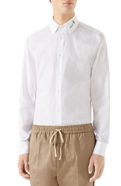 Shop Gucci Logo Collar Slim Fit Cotton Shirt In White