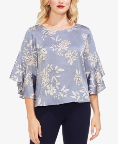 Shop Vince Camuto Ruffled Printed Satin Top In Ink Blue
