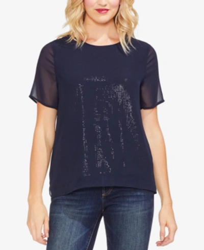 Shop Vince Camuto Chiffon-overlay Sequined T-shirt In Classic Navy