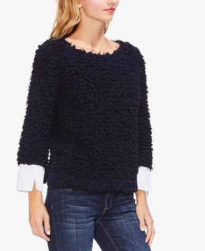 Shop Vince Camuto Contrasting-cuff Popcorn Knit Top In Classic Navy