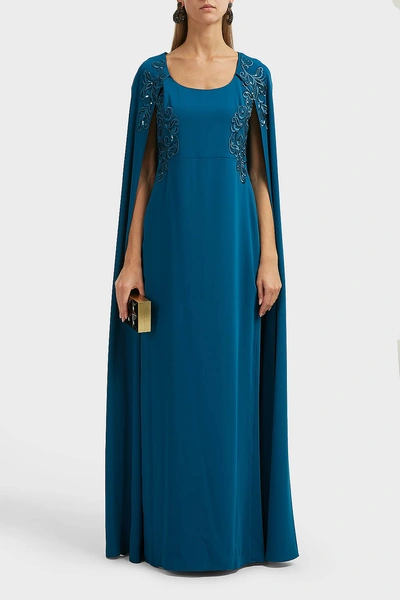 Shop Marchesa Notte Embroidered Cape Gown In Blue