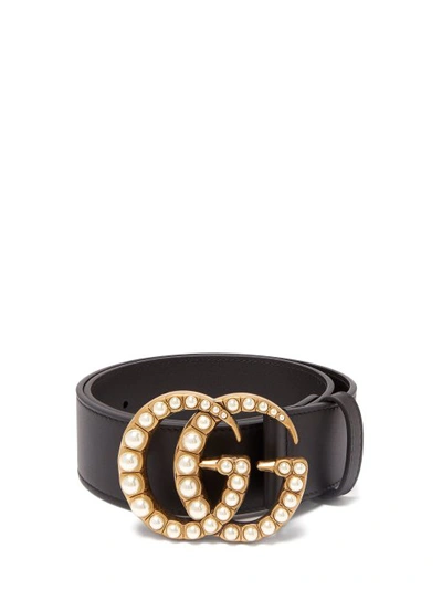 Gucci Leather Belt With Pearl Double G In Black | ModeSens