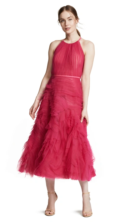 Shop Marchesa Notte Sleeveless Textured Tulle Tea Length Gown In Berry