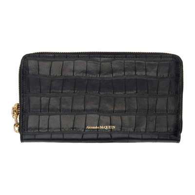 Shop Alexander Mcqueen Black Croc Continental Zip Wallet