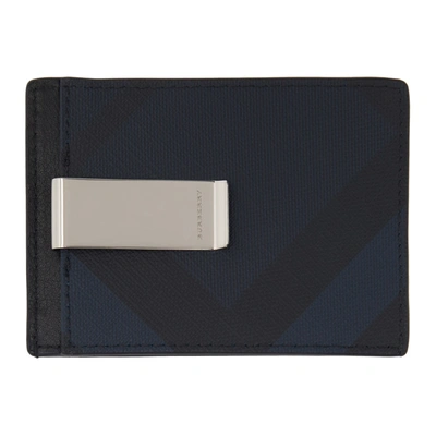 Shop Burberry Navy And Black London Check Money Clip Card Holder In A5496 Navy/