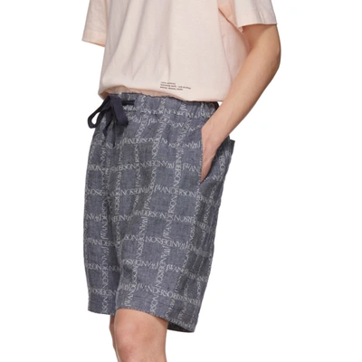 Shop Jw Anderson Navy Logo Grid Linen Shorts