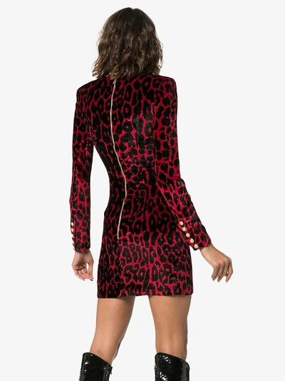 Shop Balmain Leopard Print Silk Mini Dress In Red