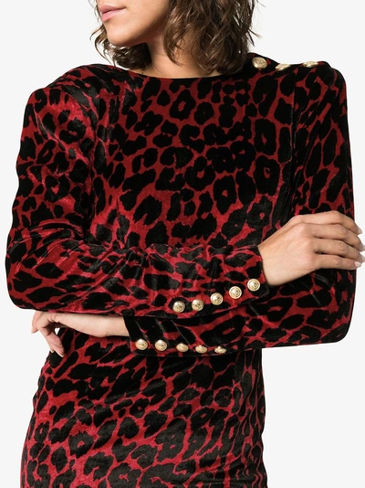 Shop Balmain Leopard Print Silk Mini Dress In Red