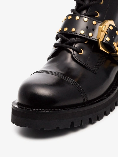 Shop Versace Studded Belt Leather Brogued Boots In Black