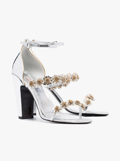 Shop Fabrizio Viti Silver Daisy 100 Floral Embellished Leather Sandals