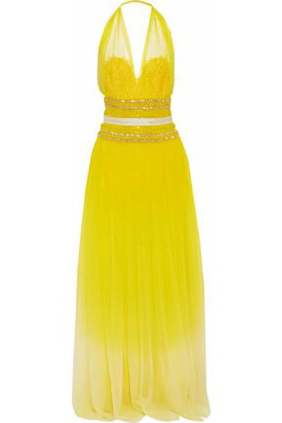 Shop Naeem Khan Embellished Neon Cotton-tulle Halterneck Gown In Bright Yellow