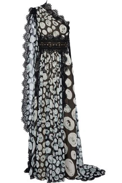 Shop Naeem Khan Woman One-shoulder Cape-effect Printed Silk-chiffon Gown Black