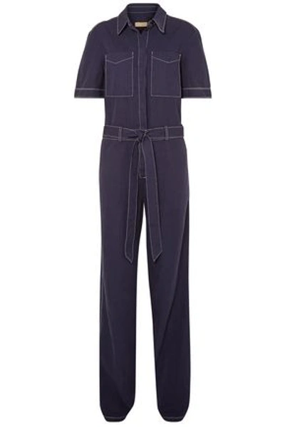 Shop Burberry Woman Belted Cotton And Linen-blend Jumpsuit Indigo