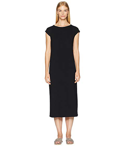NWT $338 Eileen Fisher BLACK Velvet Short Sleeve Bateau Neck Step Dress S M L