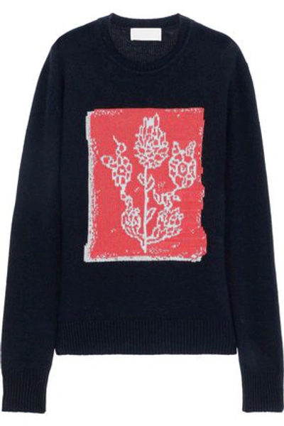 Shop Peter Pilotto Woman Intarsia Wool, Cashmere And Cotton-blend Sweater Midnight Blue