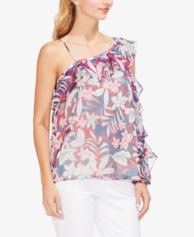 Shop Vince Camuto Printed Asymmetrical Ruffled Top In Tropical Red