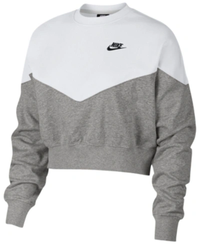 Shop Nike Women's Fleece Colorblocked Cropped Sweatshirt In Grey Heather/white