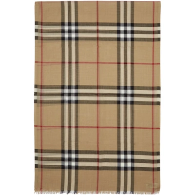 Shop Burberry Beige Silk Giant Check Scarf In Camel Check