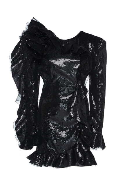 Shop Dundas Ruffled Sequined Mini Dress In Black