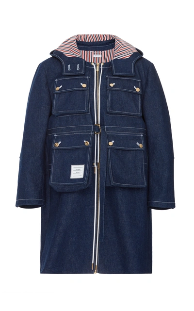 Shop Thom Browne Hooded Stripe-detailed Denim Overcoat In Blue
