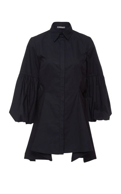 Shop Lela Rose Puff Sleeve Button Front Shirt In Navy