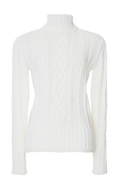 Shop Thom Browne Cable-knit Turtleneck Wool Top In White