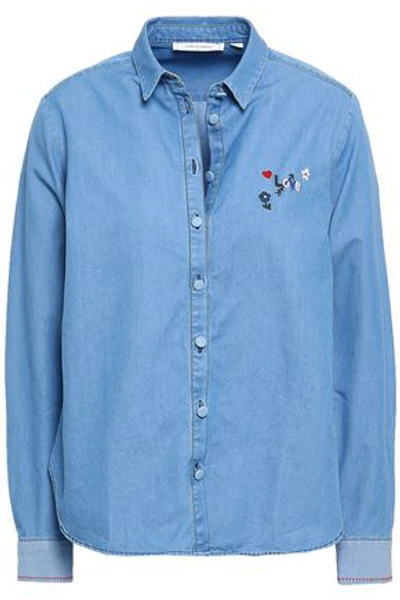 Shop Chinti & Parker Chinti And Parker Woman Embroidered Cotton-chambray Shirt Light Blue