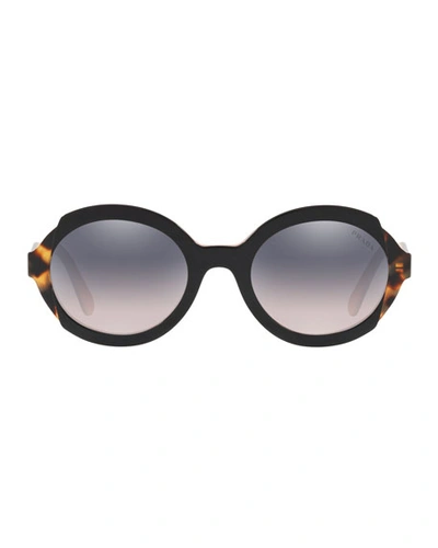 Shop Prada Round Mirrored Mixed Acetate Sunglasses In Black