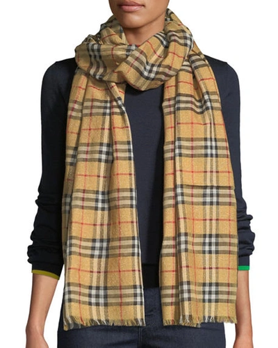 Shop Burberry Metallic Vintage Check Gauze Scarf In Antique Yellow