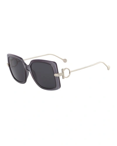 Shop Ferragamo Gancio Rectangle Plastic & Metal Sunglasses In Gray