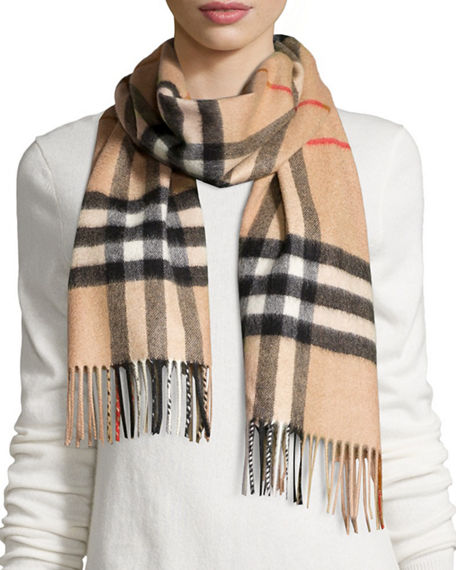 Burberry Camel Brown Iconic Checked Cashmere Scarf | ModeSens