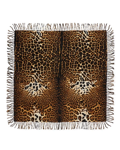 Shop Saint Laurent Wool Toile Leopard Fringe Scarf In Beige/black