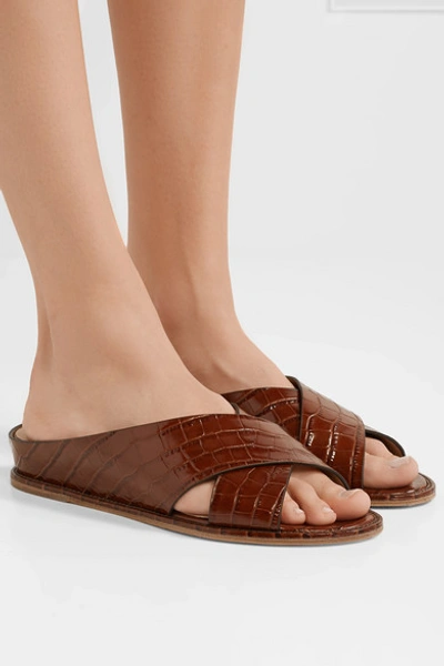 Shop Gabriela Hearst Ellington Croc-effect Leather Wedge Sandals In Brown