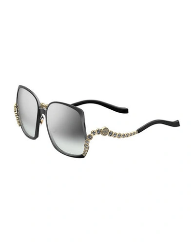 Shop Elie Saab Square Titanium Sunglasses W/ Crystal Wave Arms In Black/gold