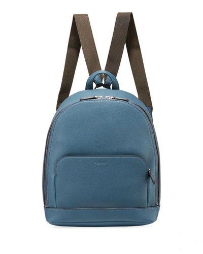 Shop Giorgio Armani Men's Tumbled Calf Leather Backpack In Blue
