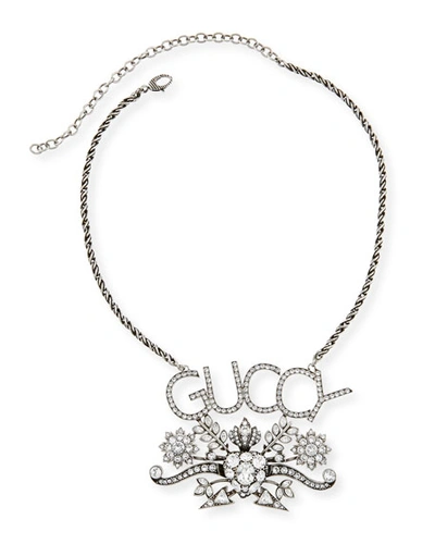 Shop Gucci Men's Guccy Pendant Necklace W/ Aged Finish In Dark Gray
