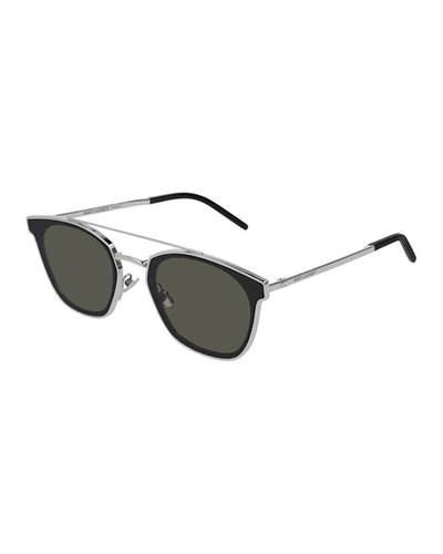 Shop Saint Laurent Men's Metal Flush-lens Brow-bar Sunglasses In Silver