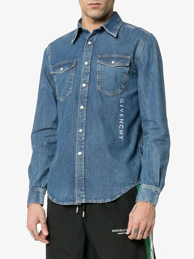 Shop Givenchy Logo Embroidered Denim Shirt In Blue