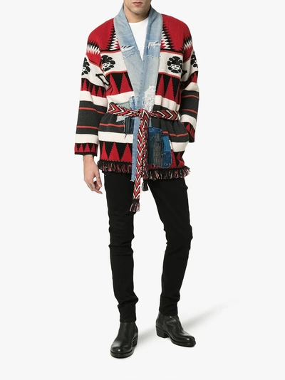 Shop Alanui X Greg Lauren Icon Intarsia Cashmere Kimono In Red/ Multicoloured