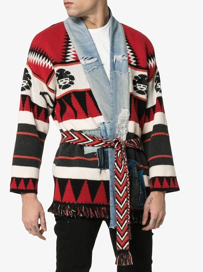 Shop Alanui X Greg Lauren Icon Intarsia Cashmere Kimono In Red/ Multicoloured