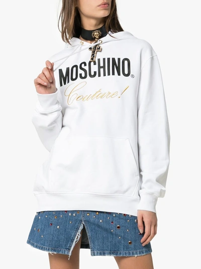 Shop Moschino Couture Logo Cotton Hoodie In 6001 White Gold