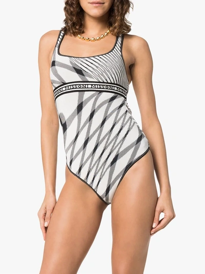 Shop Missoni Mare Logo Band Striped Swimsuit In S9169 Black/white