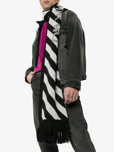 Shop Off-white Black And White Striped Logo Wool Scarf In Black/white