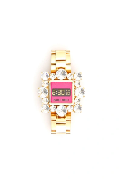 Shop Miu Miu Crystal-embellished Bracelet In Oro Fuxia|metallico